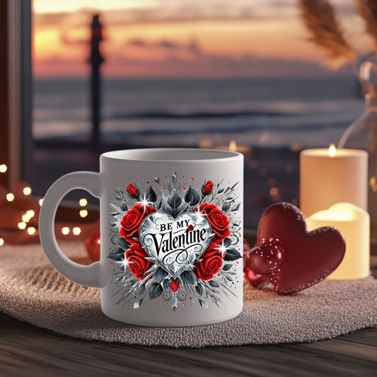 Valentine Rose & White Diamond Be My Valentine Ceramic Mug, Gift for Her, Heart Design, 11oz 15oz, Coffee Cup, Valentine's Day Gift