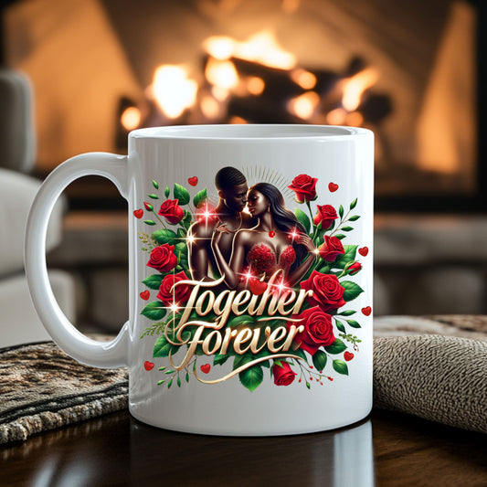 Together Forever Red Rose Couple Ceramic Mug, Gift for Her, Heart Design, 11oz 15oz, Coffee Cup, Valentine's Day Gift