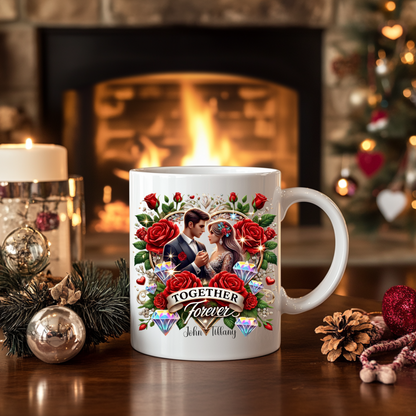 Couple Personalized Ceramic Mug, Heart and Rose Design, 11oz & 15oz - Valentine's Day Gift, Anniversary Present, Love Mug, Romantic Coffee