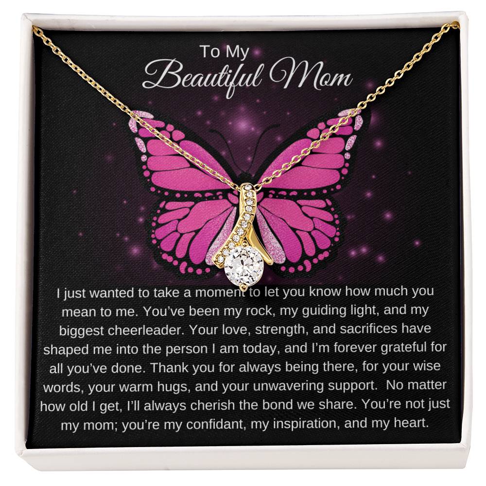 To My Beautiful Mom I Your Love is More than Enough I Pink Butterfly Alluring Beauty Necklace (Yellow & White Gold)