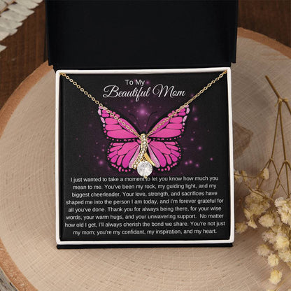 To My Beautiful Mom I Your Love is More than Enough I Pink Butterfly Alluring Beauty Necklace (Yellow & White Gold)