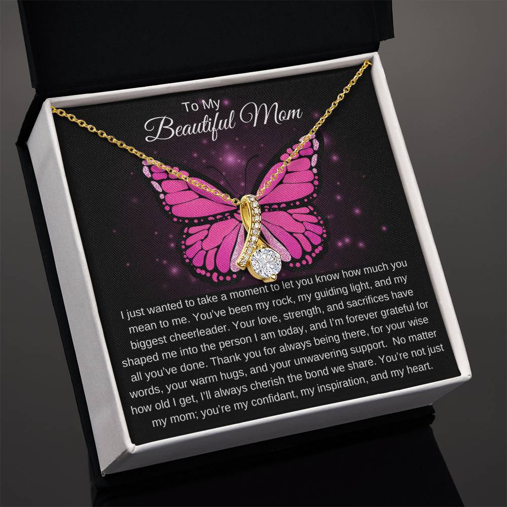 To My Beautiful Mom I Your Love is More than Enough I Pink Butterfly Alluring Beauty Necklace (Yellow & White Gold)