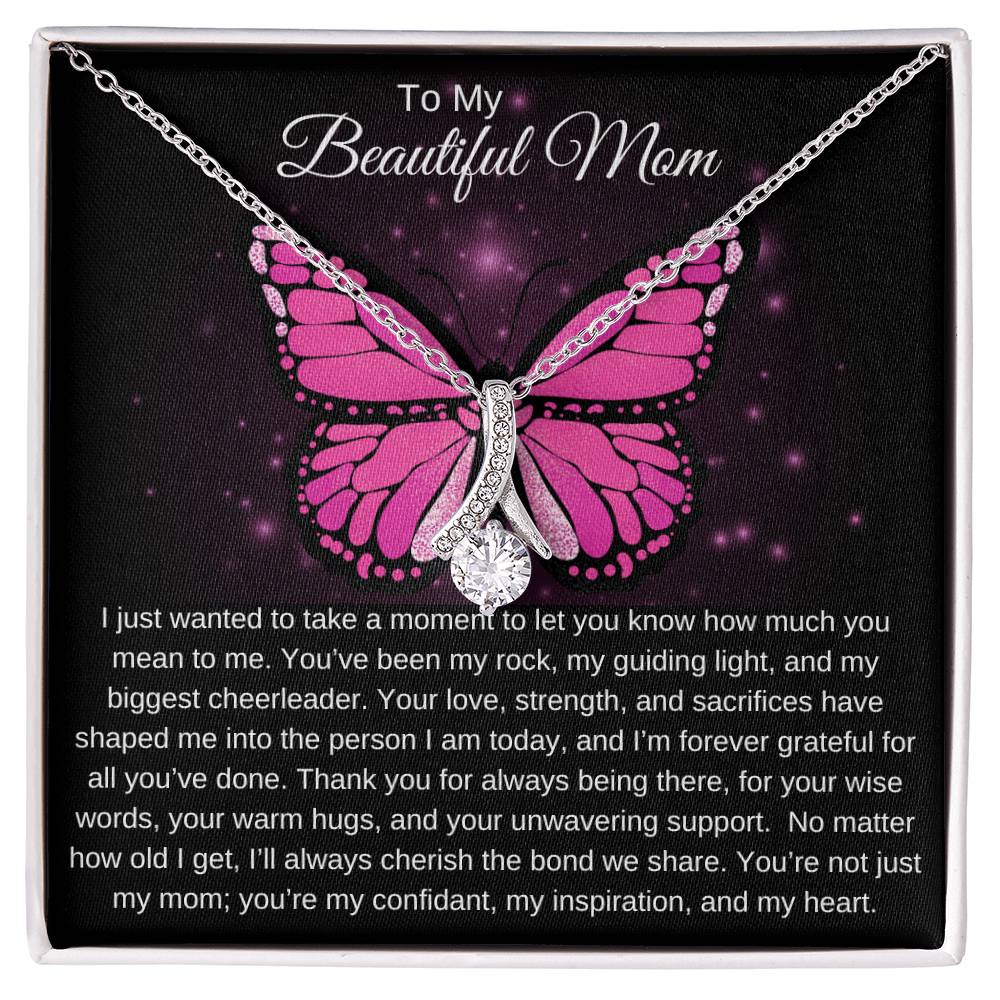 To My Beautiful Mom I Your Love is More than Enough I Pink Butterfly Alluring Beauty Necklace (Yellow & White Gold)