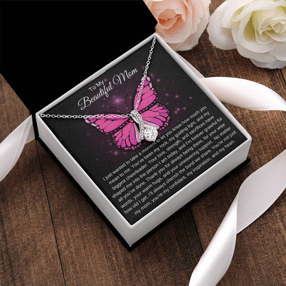 To My Beautiful Mom I Your Love is More than Enough I Pink Butterfly Alluring Beauty Necklace (Yellow & White Gold)