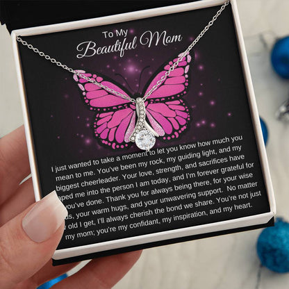 To My Beautiful Mom I Your Love is More than Enough I Pink Butterfly Alluring Beauty Necklace (Yellow & White Gold)