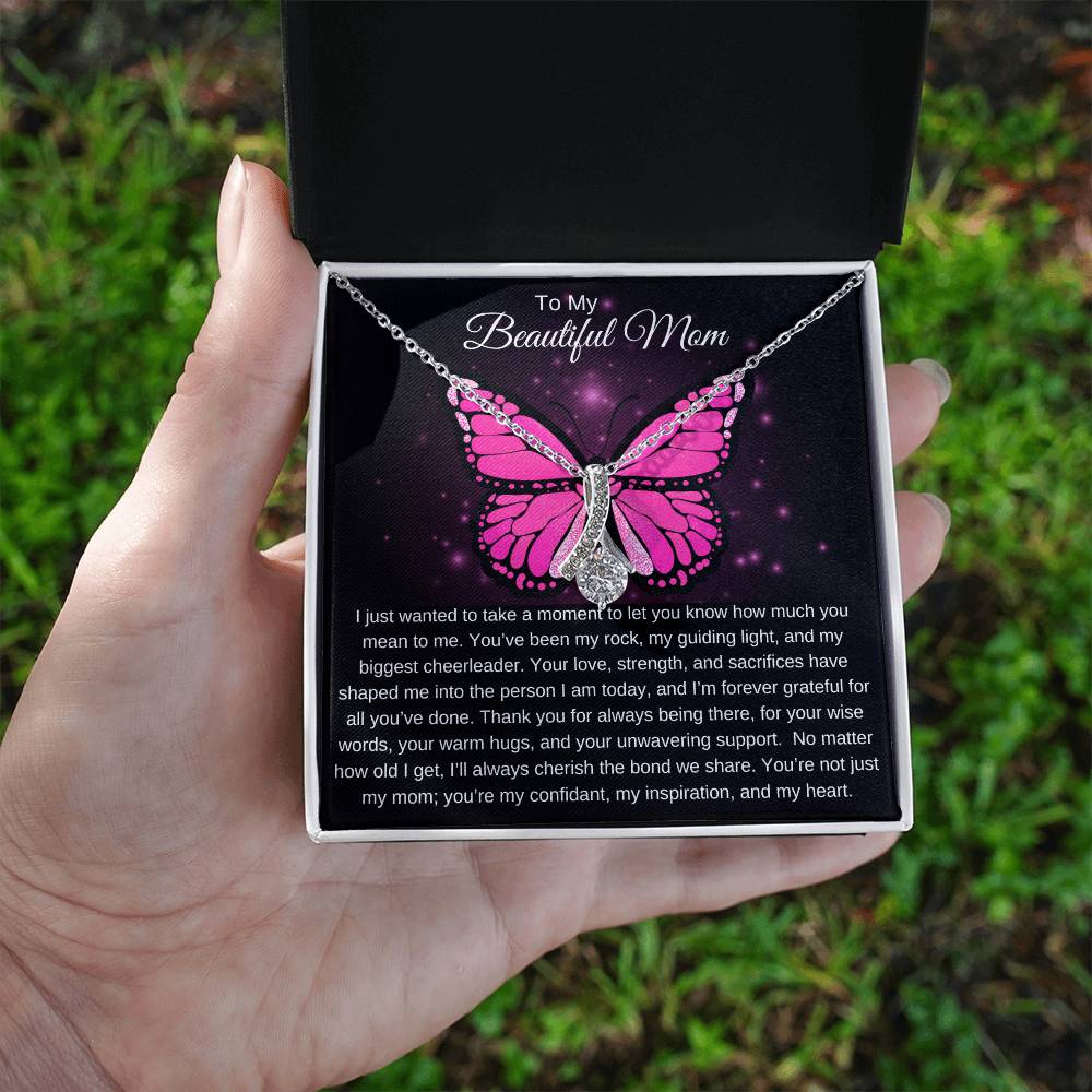 To My Beautiful Mom I Your Love is More than Enough I Pink Butterfly Alluring Beauty Necklace (Yellow & White Gold)