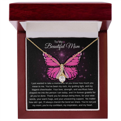 To My Beautiful Mom I Your Love is More than Enough I Pink Butterfly Alluring Beauty Necklace (Yellow & White Gold)