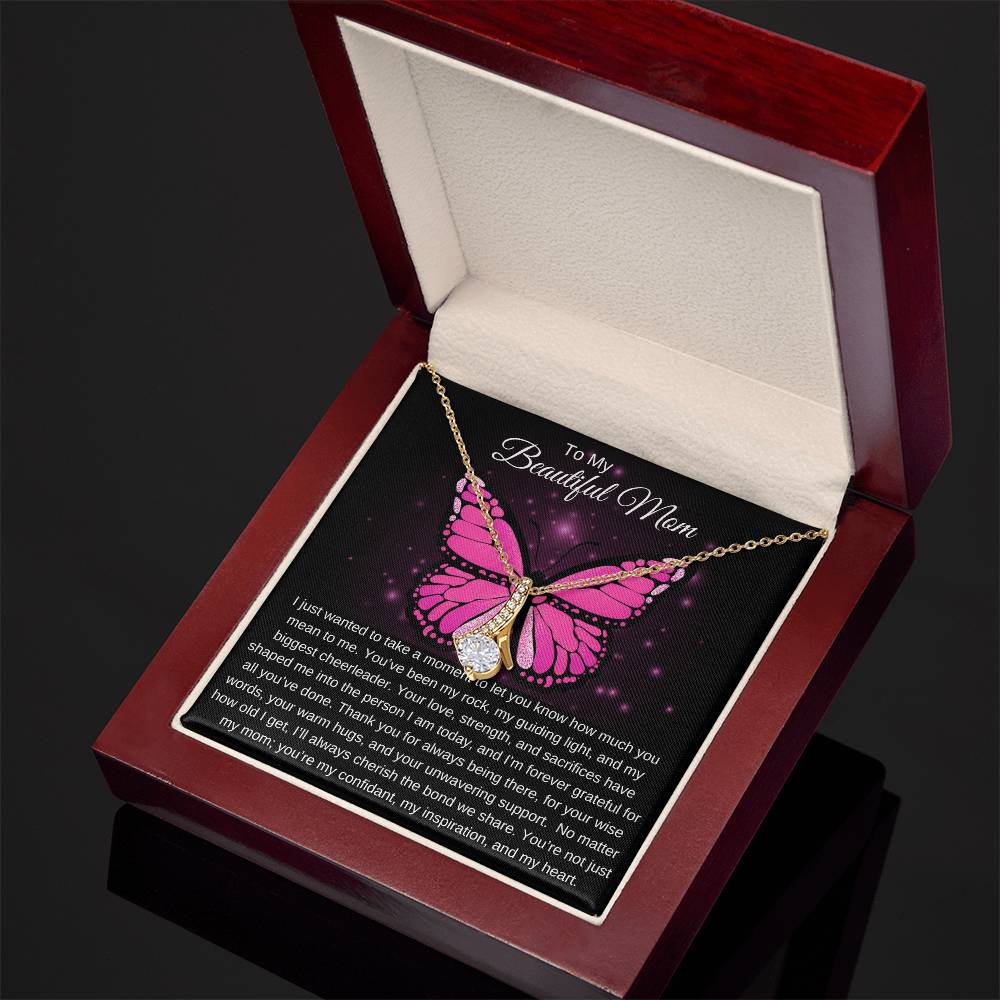 To My Beautiful Mom I Your Love is More than Enough I Pink Butterfly Alluring Beauty Necklace (Yellow & White Gold)