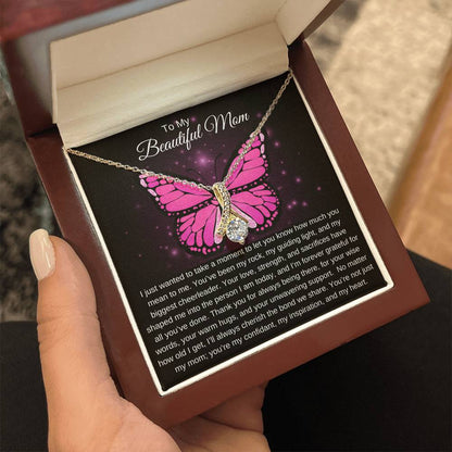 To My Beautiful Mom I Your Love is More than Enough I Pink Butterfly Alluring Beauty Necklace (Yellow & White Gold)