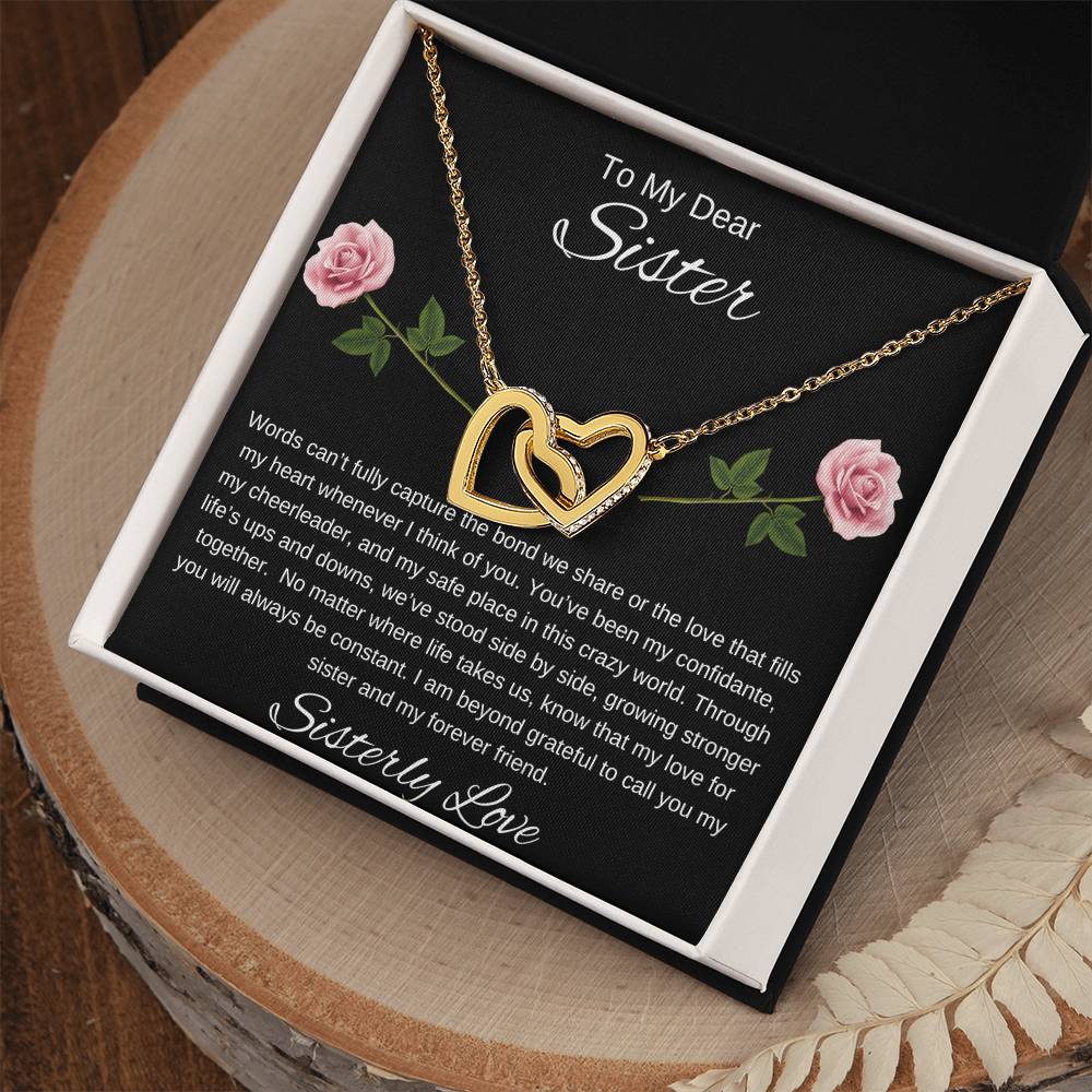 To My Dear Sister I Our Forever Bond I Interlocking Hearts Necklace-black message card