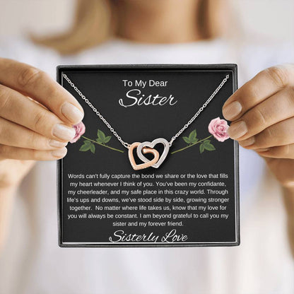 To My Dear Sister I Our Forever Bond I Interlocking Hearts Necklace-black message card