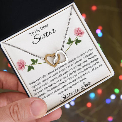 To My Dear Sister I Our Forever Bond I Interlocking Hearts Necklace - white message card