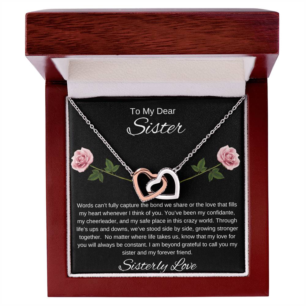 To My Dear Sister I Our Forever Bond I Interlocking Hearts Necklace-black message card