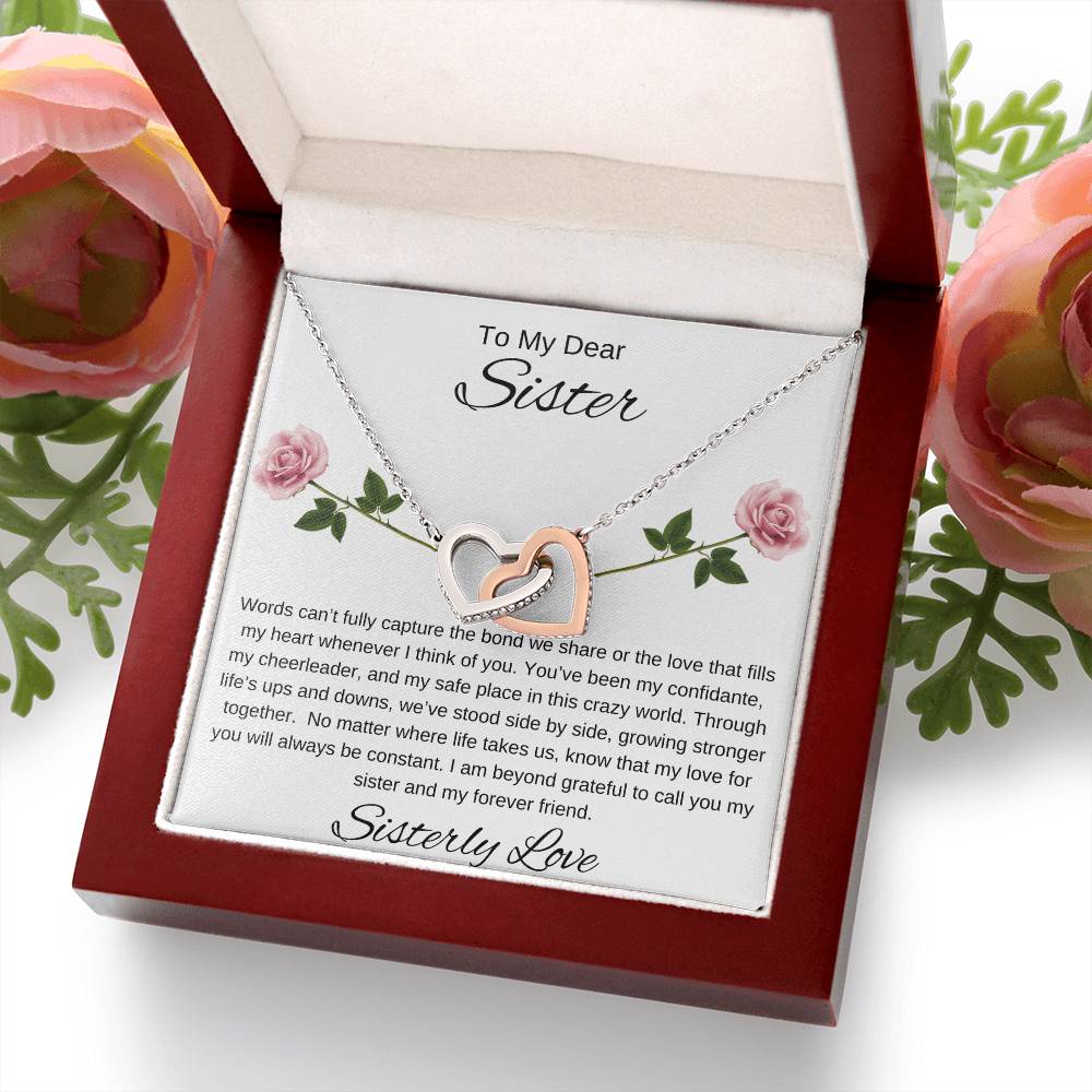 To My Dear Sister I Our Forever Bond I Interlocking Hearts Necklace - white message card