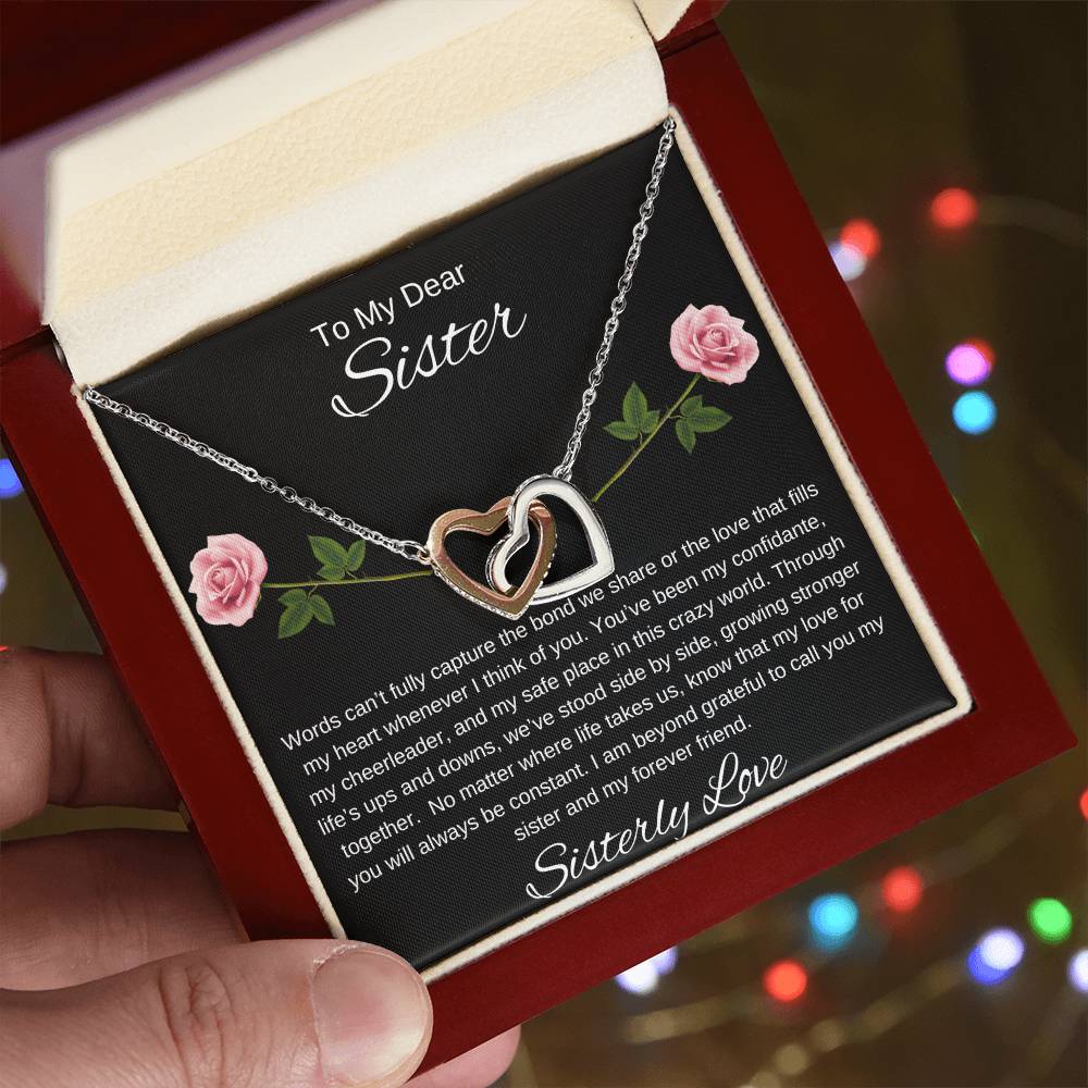 To My Dear Sister I Our Forever Bond I Interlocking Hearts Necklace-black message card