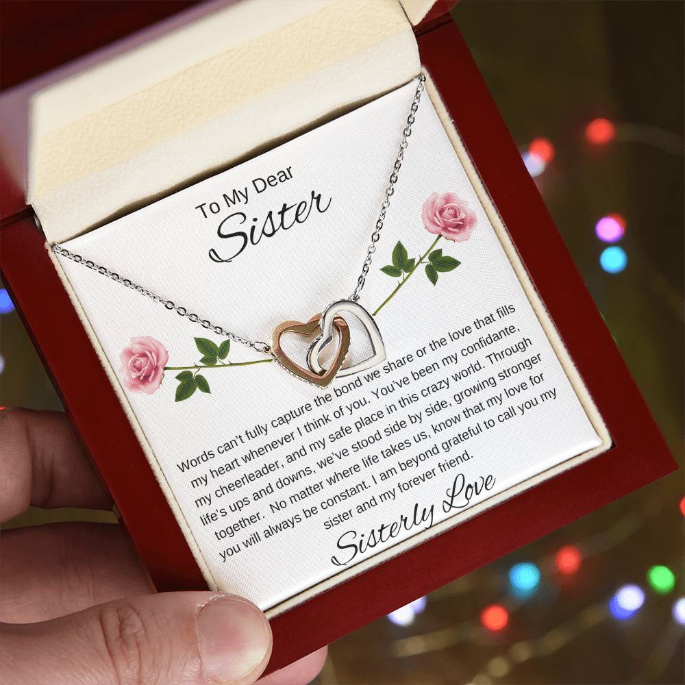 To My Dear Sister I Our Forever Bond I Interlocking Hearts Necklace - white message card