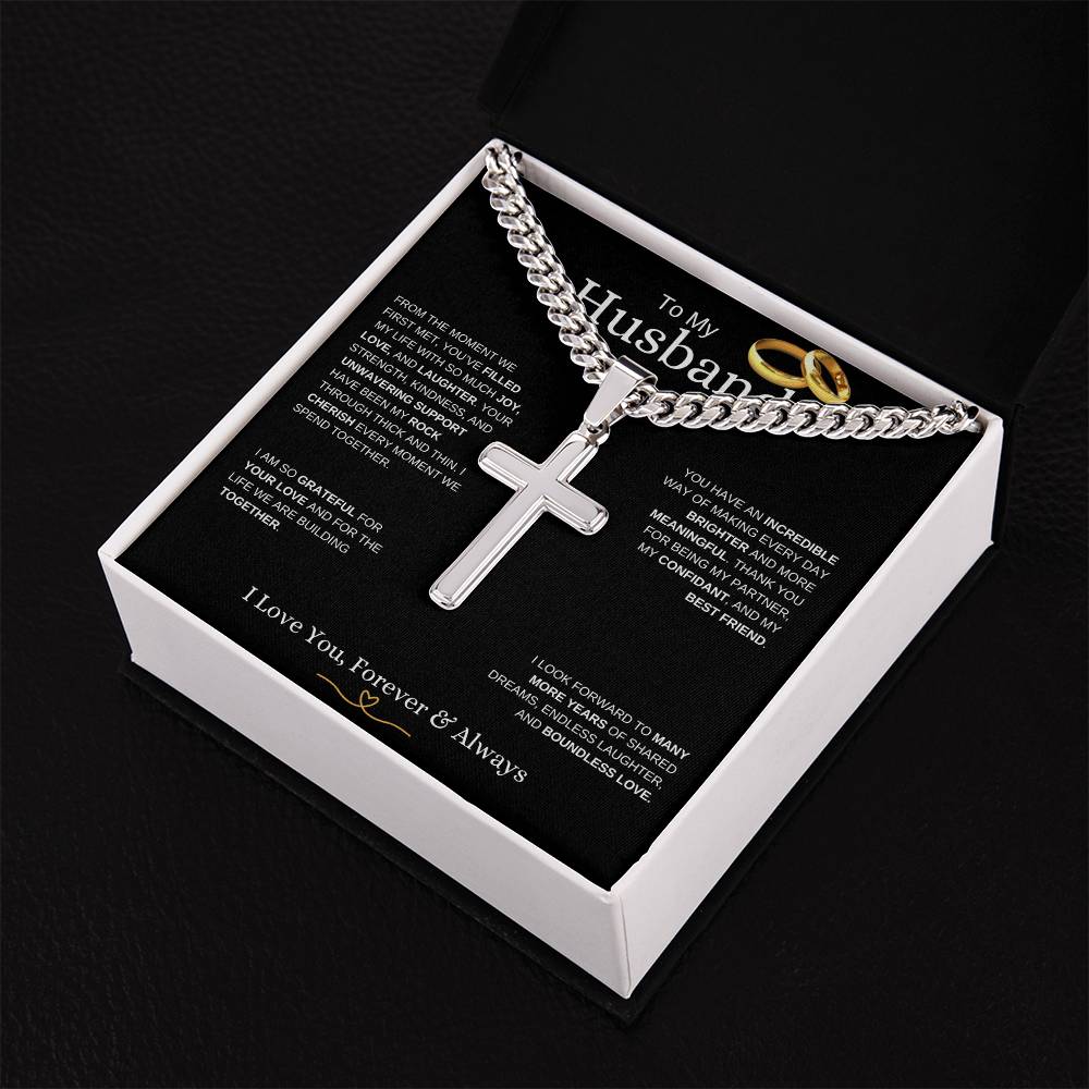 To My Husband l From The Moment we metI Cuban Link Chain with Artisan Cross - black message card