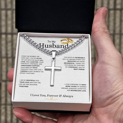 To My Husband l From The Moment we Met I Cuban Link Chain with Artisan Cross -white message card