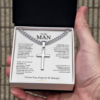 To My Man l From The Moment we metI Cuban Link Chain with Artisan Cross- white message card