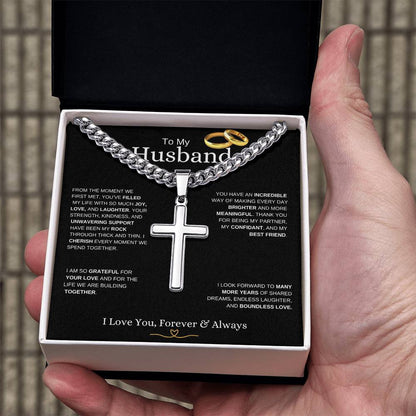 To My Husband l From The Moment we metI Cuban Link Chain with Artisan Cross - black message card