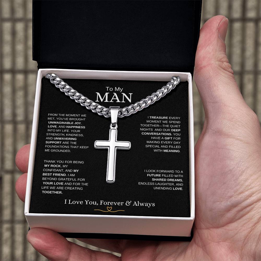 To My Man l From The Moment we metI Cuban Link Chain with Artisan Cross-black message card