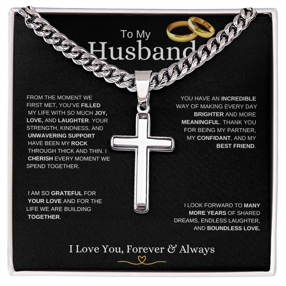 To My Husband l From The Moment we metI Cuban Link Chain with Artisan Cross - black message card