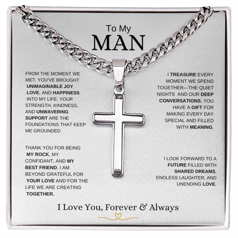 To My Man l From The Moment we metI Cuban Link Chain with Artisan Cross- white message card