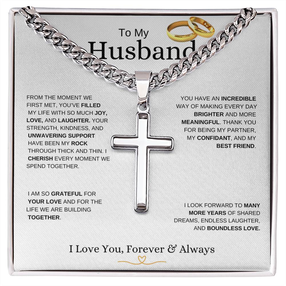 To My Husband l From The Moment we Met I Cuban Link Chain with Artisan Cross -white message card