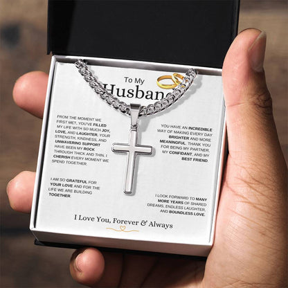 To My Husband l From The Moment we Met I Cuban Link Chain with Artisan Cross -white message card