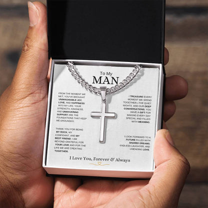 To My Man l From The Moment we metI Cuban Link Chain with Artisan Cross- white message card