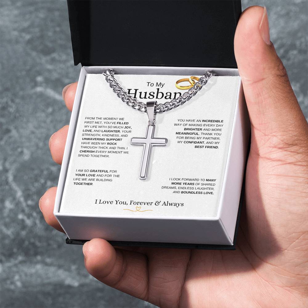 To My Husband l From The Moment we Met I Cuban Link Chain with Artisan Cross -white message card