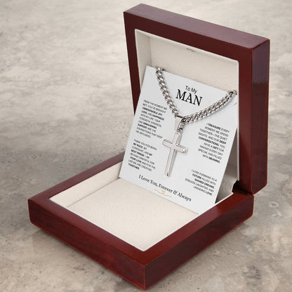 To My Man l From The Moment we metI Cuban Link Chain with Artisan Cross- white message card