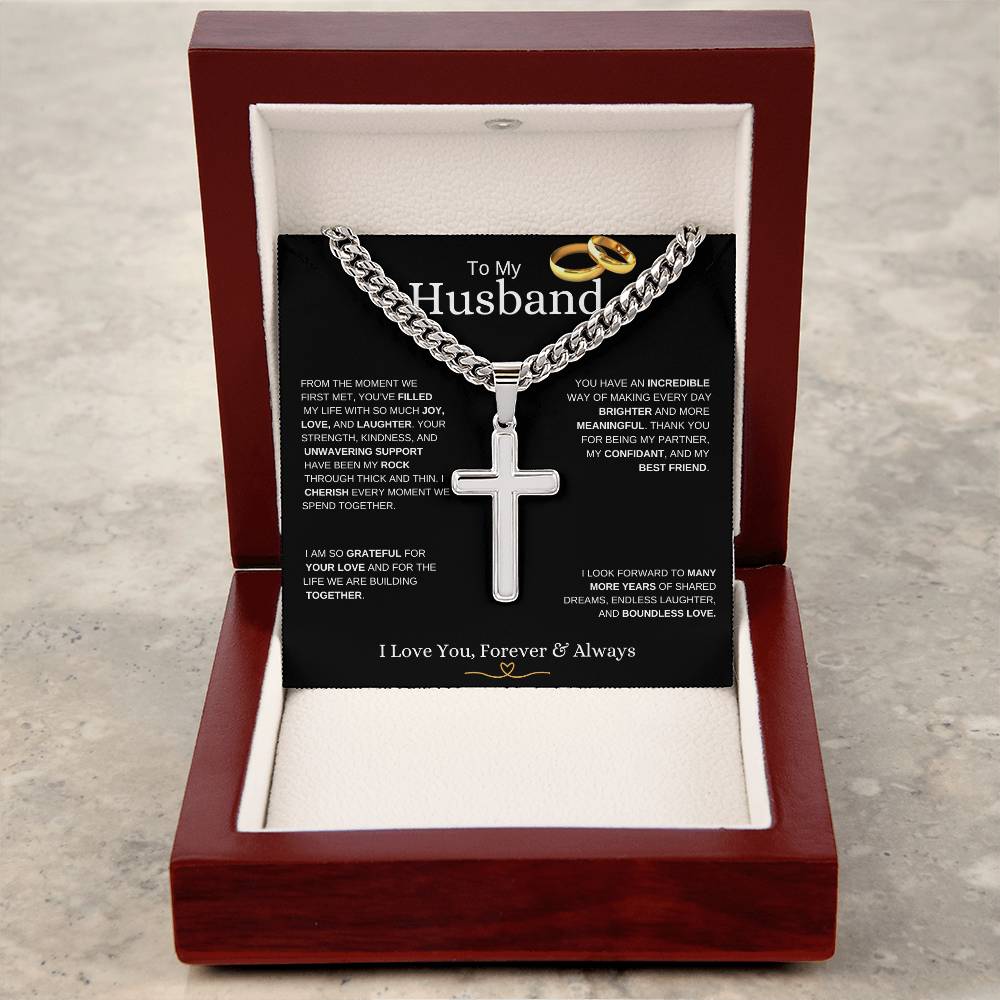 To My Husband l From The Moment we metI Cuban Link Chain with Artisan Cross - black message card