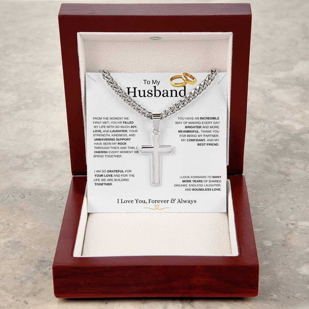 To My Husband l From The Moment we Met I Cuban Link Chain with Artisan Cross -white message card