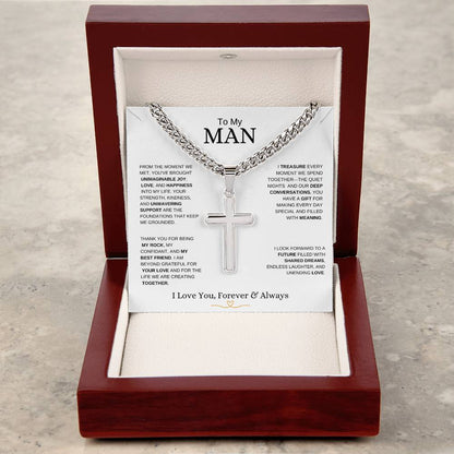 To My Man l From The Moment we metI Cuban Link Chain with Artisan Cross- white message card