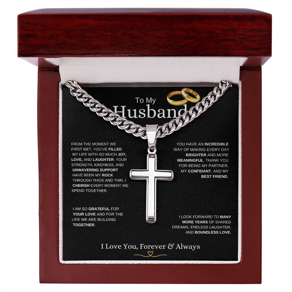 To My Husband l From The Moment we metI Cuban Link Chain with Artisan Cross - black message card