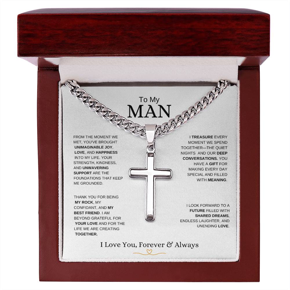 To My Man l From The Moment we metI Cuban Link Chain with Artisan Cross- white message card