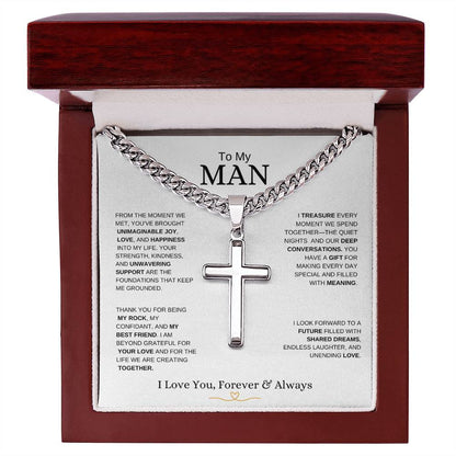 To My Man l From The Moment we metI Cuban Link Chain with Artisan Cross- white message card