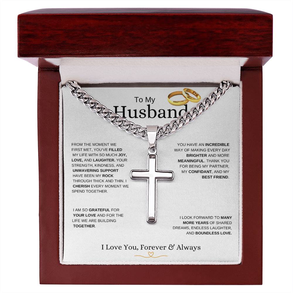 To My Husband l From The Moment we Met I Cuban Link Chain with Artisan Cross -white message card