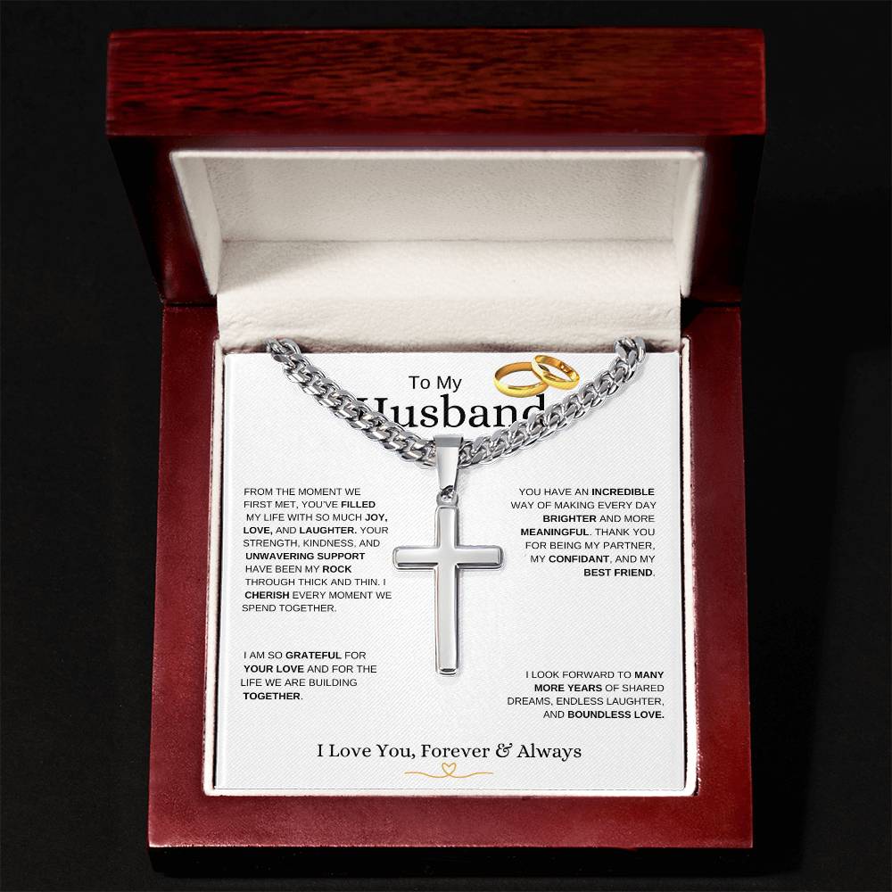 To My Husband l From The Moment we Met I Cuban Link Chain with Artisan Cross -white message card