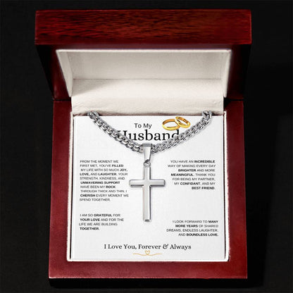 To My Husband l From The Moment we Met I Cuban Link Chain with Artisan Cross -white message card