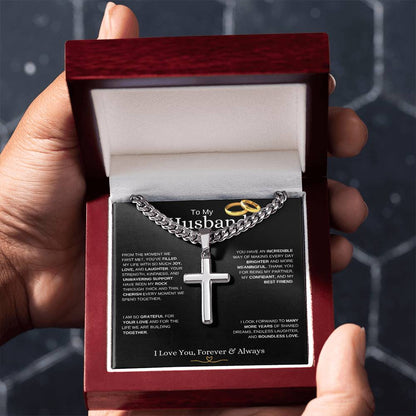 To My Husband l From The Moment we metI Cuban Link Chain with Artisan Cross - black message card