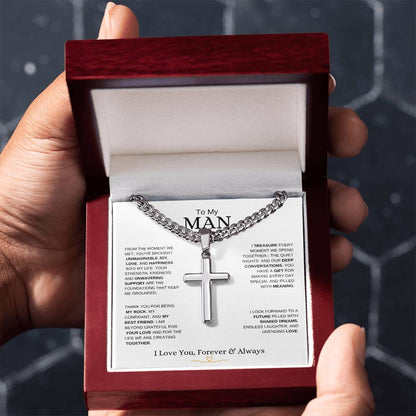 To My Man l From The Moment we metI Cuban Link Chain with Artisan Cross- white message card