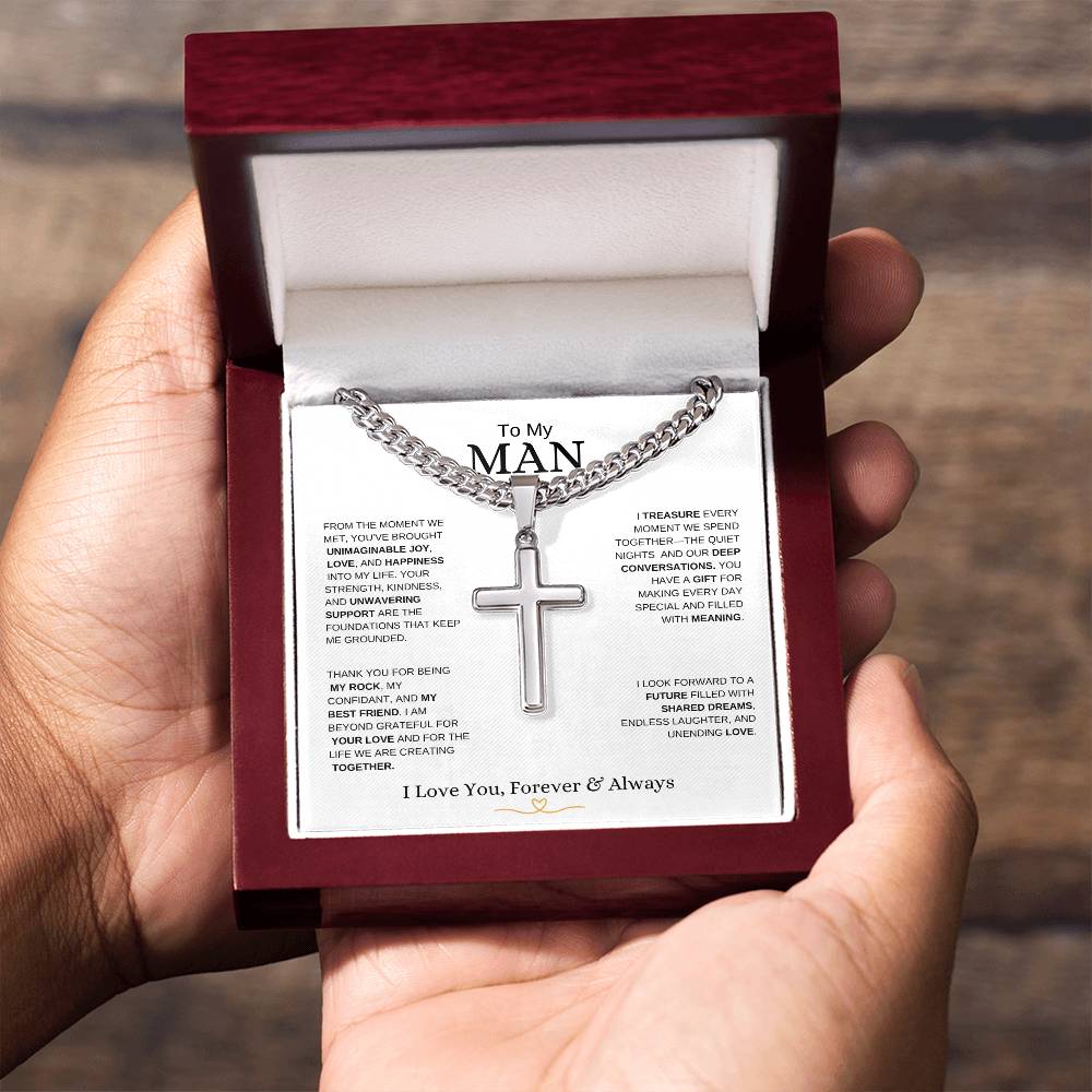 To My Man l From The Moment we metI Cuban Link Chain with Artisan Cross- white message card