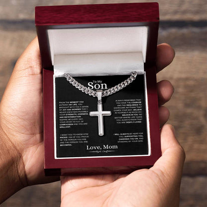 To My Son l From The Moment I Cuban Link Chain with Artisan Cross- From Mom